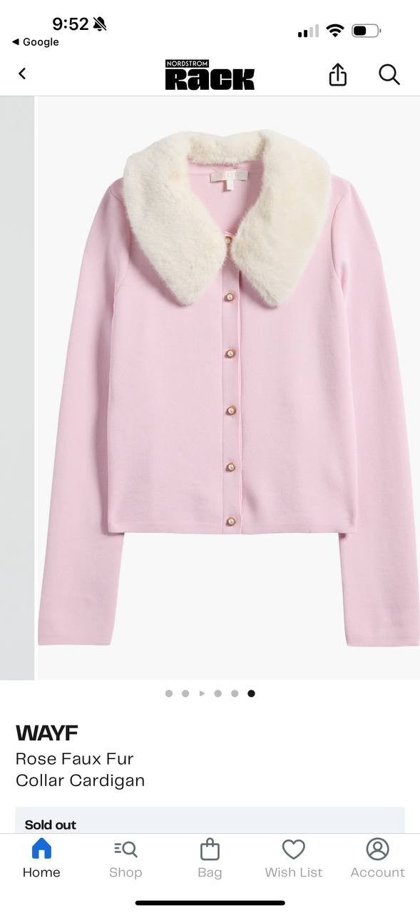 WAYF Rose Pink Faux Fur Collar Cardigan, Button Front, Size S, Long Sleeve