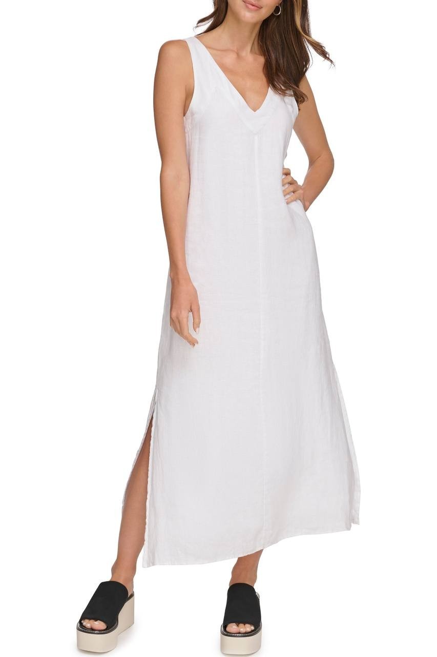 DKNY V‑Neck Linen Sleeveless Maxi Dress White S NWT $115