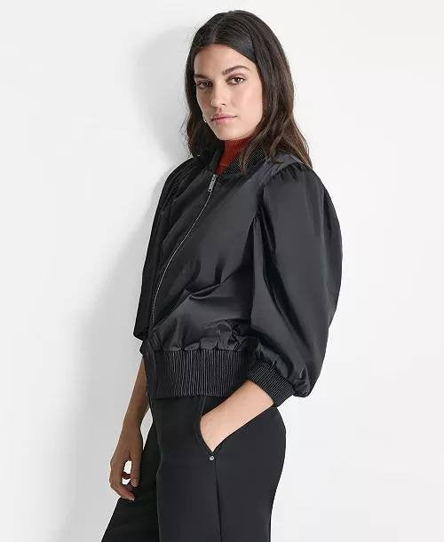 DKNY Women’s High Shine Sateen Puff Sleeve Jacket Black-Size L-NWT-$139