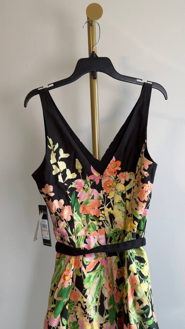 Karl Lagerfeld Stretch‑Cotton Floral Midi Dress Black Multi 2 NWT $189