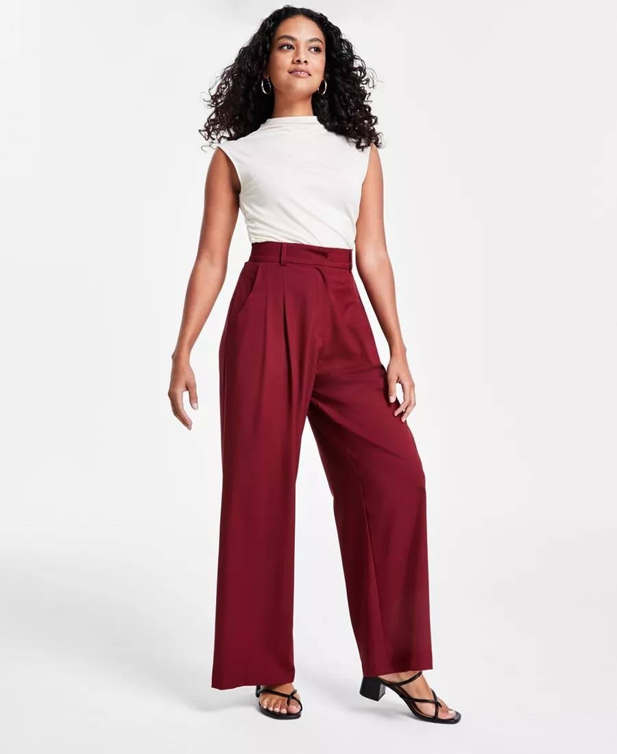 Bar III Pants 2P Red Petite Wide-Leg High Rise Trousers NWT MSRP $59.50