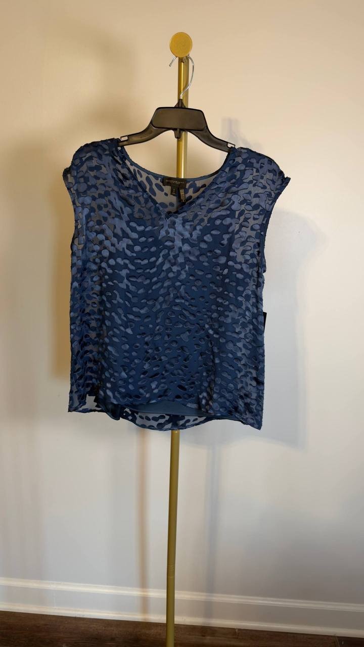 Donna Karan NY Cap‑Sleeve Silk‑Blend Burnout Blouse Blue S/P NWT $129