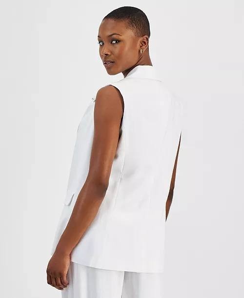 Bar III Petite Long Vest White NWT Open Front Notched Lapels Flap Pockets