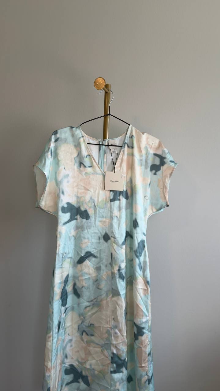 Calvin Klein Satin Print V‑Neck Midi Dress Pale Meadow S NWT $169
