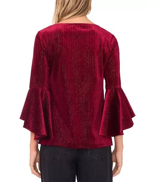 Sam & Jess Women’s Velvet Crewneck Bell 3/4‑Sleeve Blouse Maroon S NWT $59