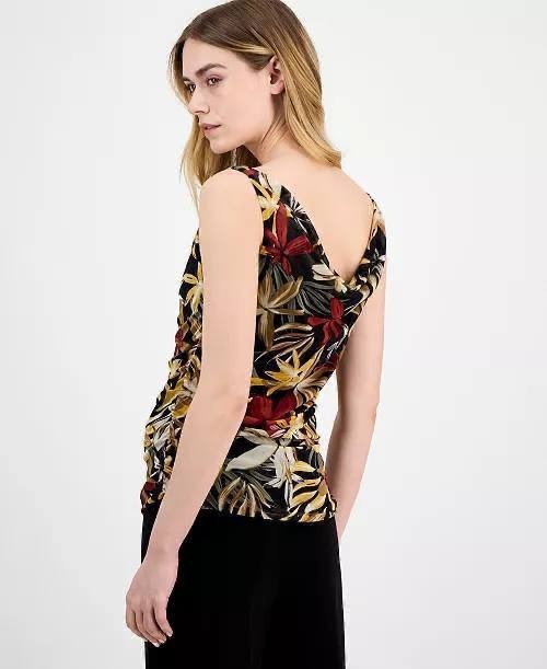 Anne Klein Women’s Printed Ruched Draped‑Neck Mesh Top Floral L NWT $69