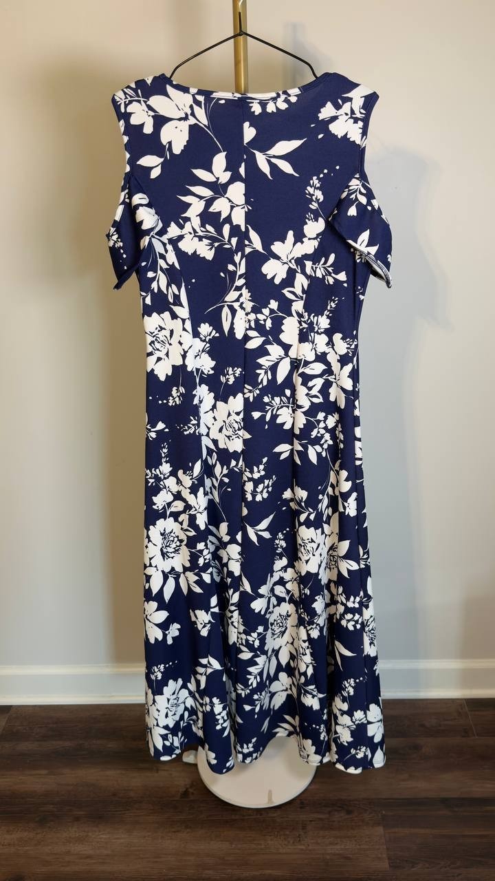 24Seven Comfort Apparel Cold Shoulder Maxi Dress Blue Multi XL NWT $117