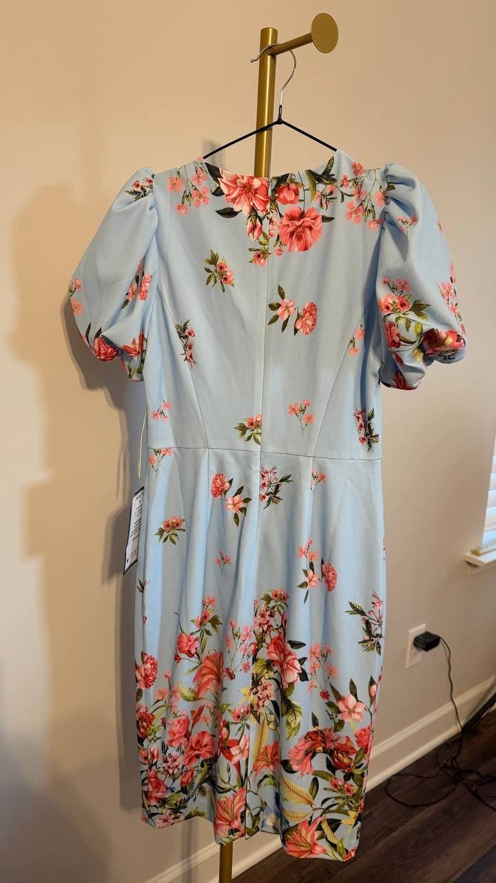 Eliza J Printed V‑Neck Bubble‑Sleeve Sheath Dress Light Blue 6 $138 NWT
