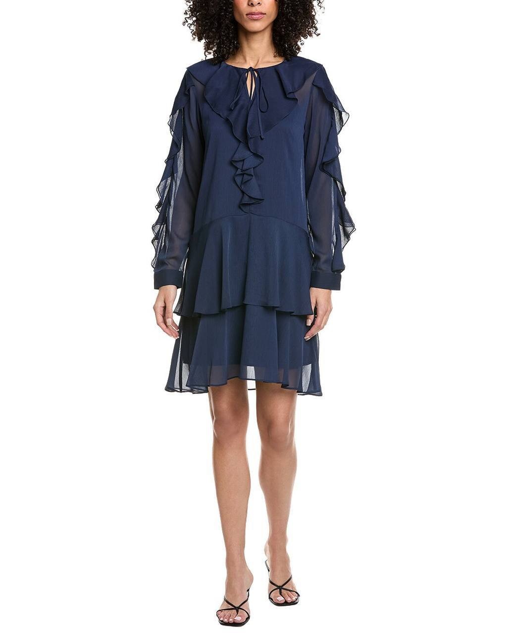 Karl Lagerfeld Paris Layered Ruffle Navy Tie Neck Dress Size 10 NWT