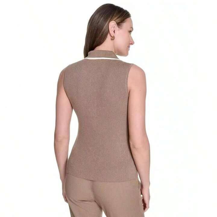 Tommy Hilfiger Contrast‑Tipped Sleeveless Polo Top Brown L $59 NWT