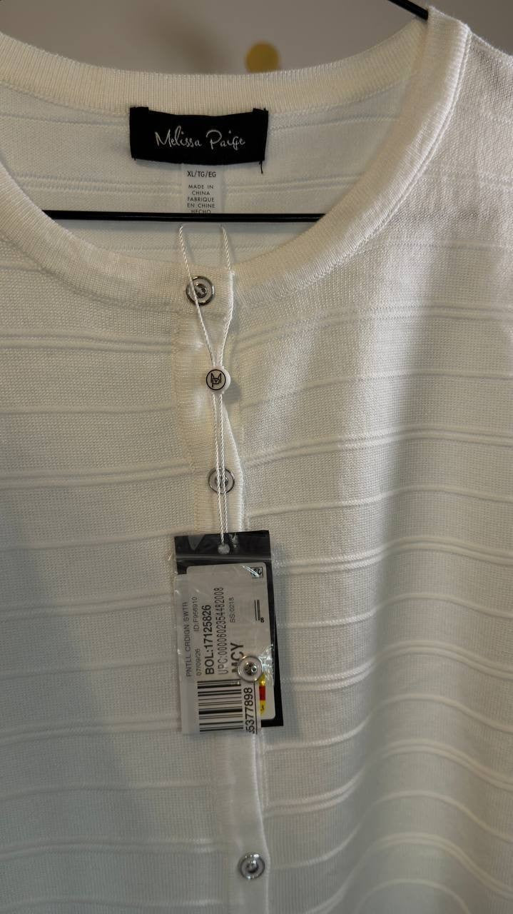 Melissa Paige Ottoman Rib 3/4 Sleeve Crewneck Cardigan White XL NWT $46.50