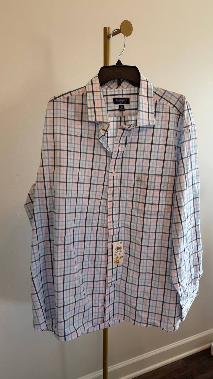 Club Room Men’s Plaid Performance Dress Shirt Blue Pink NWT 60$