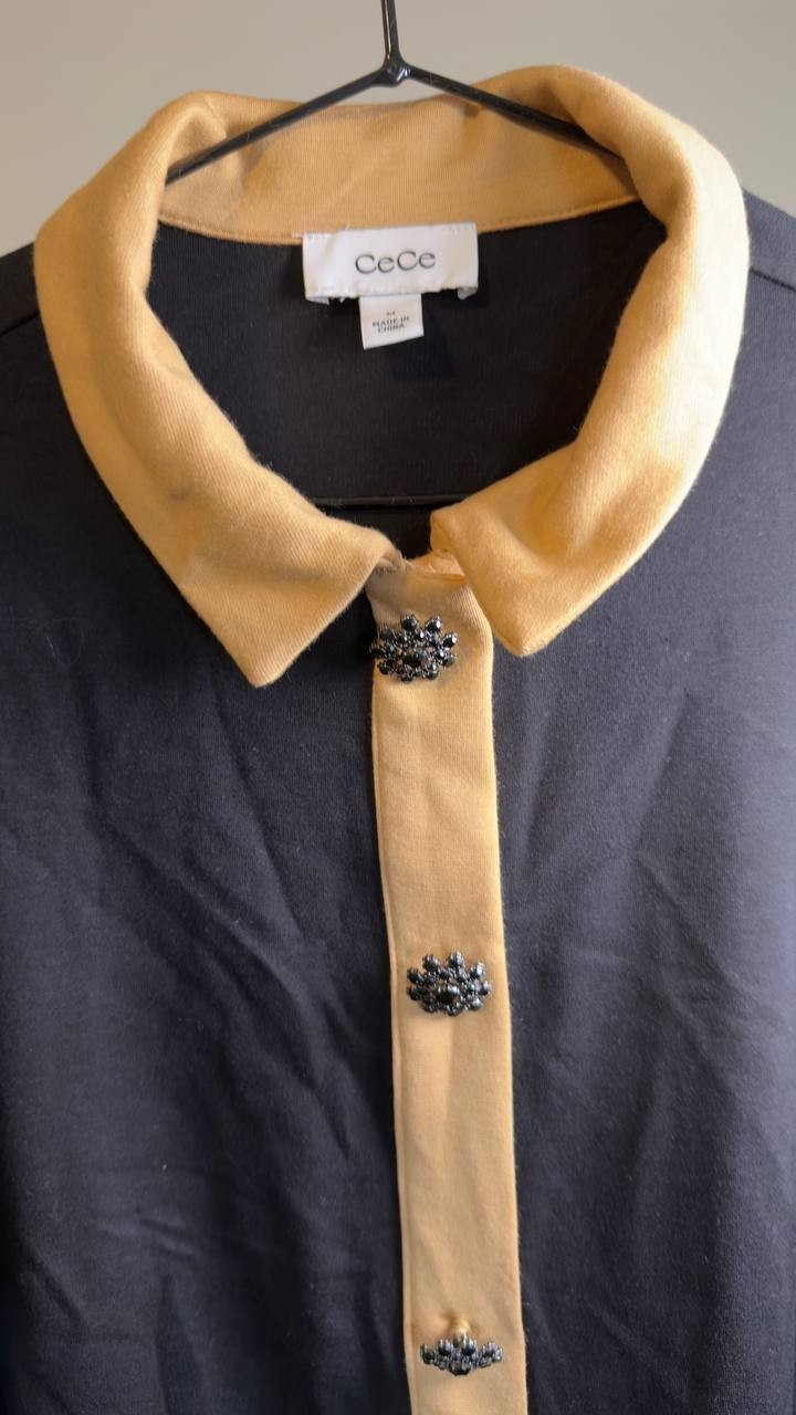CeCe Crystal Button Knit Button‑Up Shirt Rich Black M NWT $79