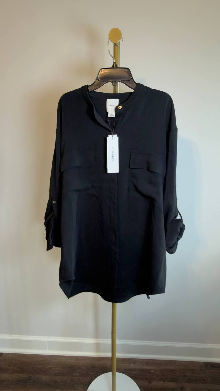 Calvin Klein Crepe Relaxed Button‑Front Shirt Black M NWT $79