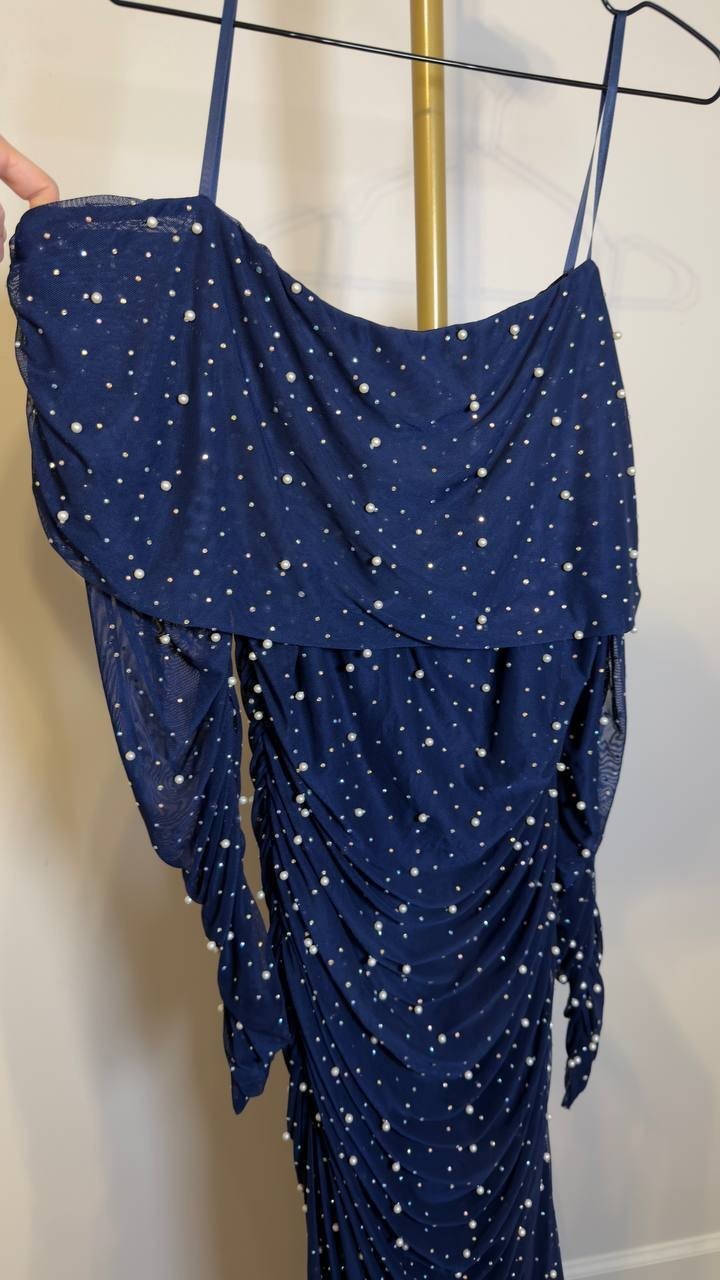 B Darlin Plus Off‑Shoulder Pearl Gown Navy 16W NWT $119