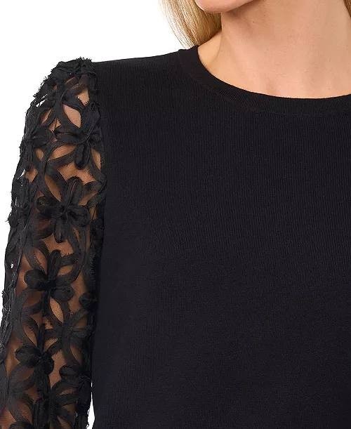 CeCe 3D Floral Lace Mixed Media Sweater Black XL NWT $89