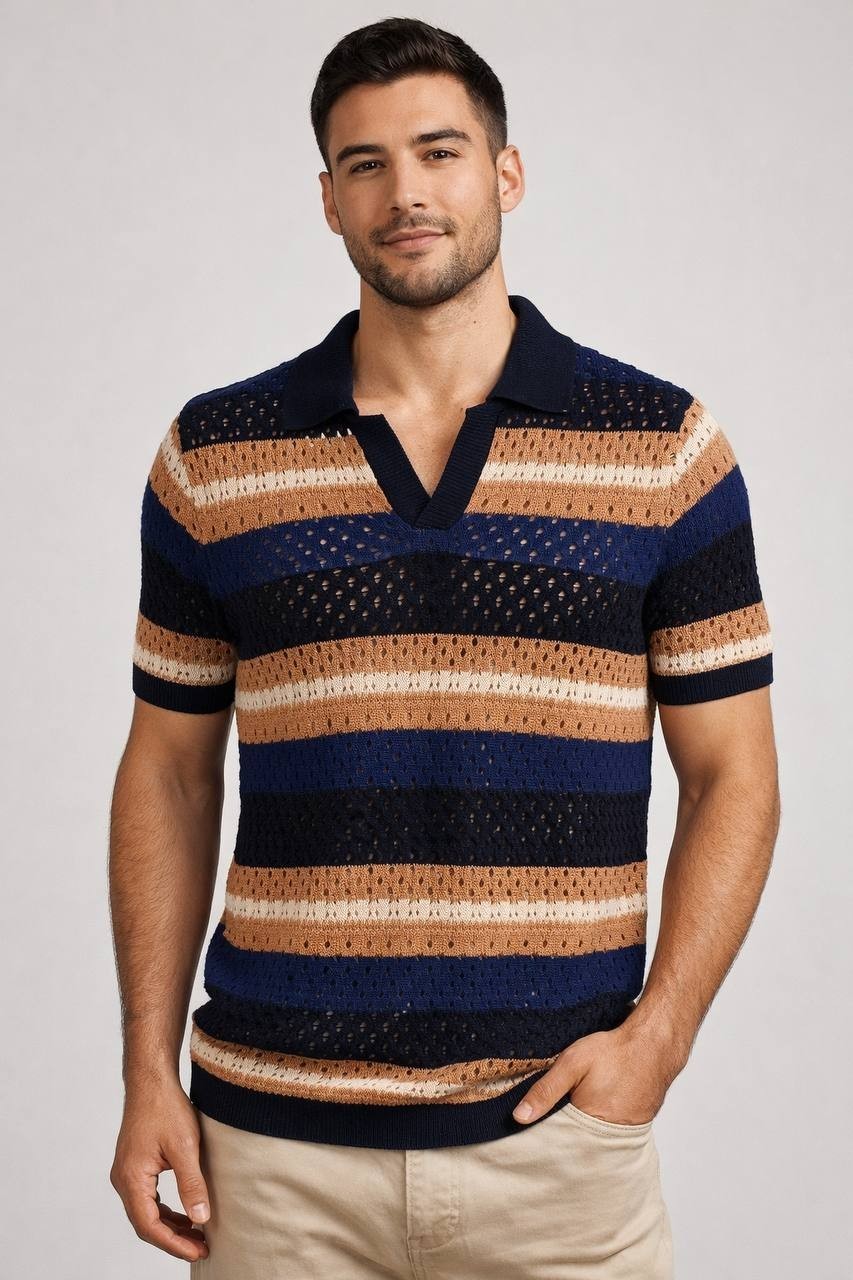 Paisley & Gray Men’s Slim Fit Open‑Knit Retro Stripe Polo Shirt L/G $110 NWT