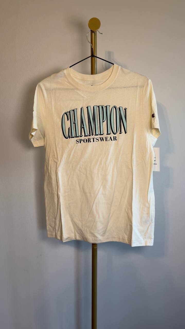 Champion Classic Cotton Crewneck Logo Short-Sleeve T-Shirt Natural S NWT $25