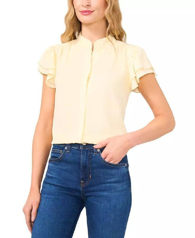 CeCe Flutter‑Sleeve Button‑Front Blouse Lemon SIZE XL NWT Minor Flaw MSRP$69