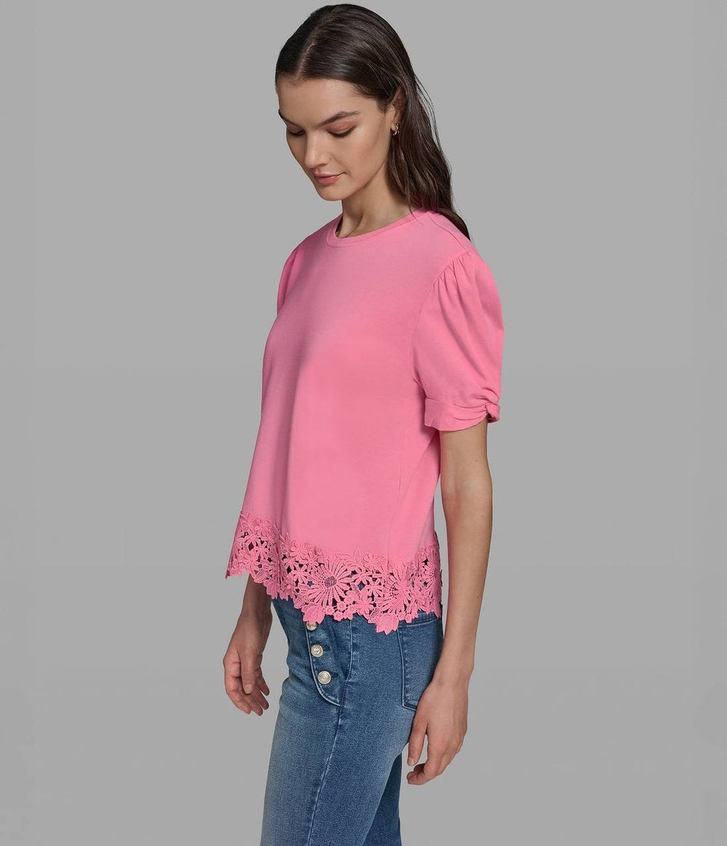 Karl Lagerfeld Cotton & Modal Floral Lace Hem Tee Pink Carnation XS NWT $79