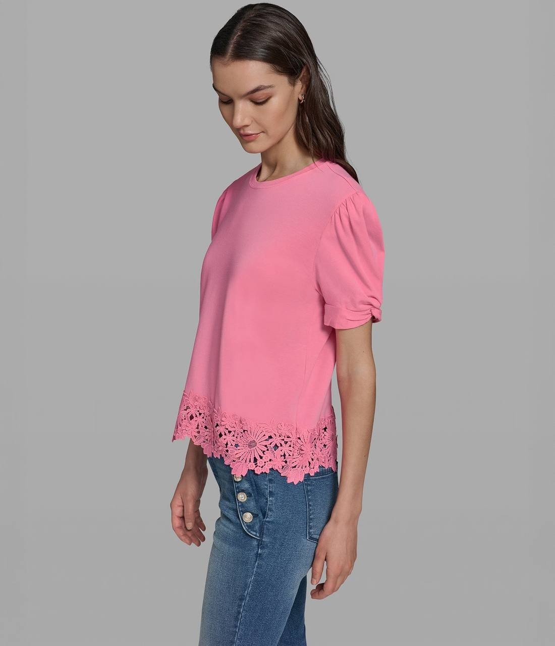 Karl Lagerfeld Cotton & Modal Floral Lace Hem Tee Pink Carnation XS NWT $79