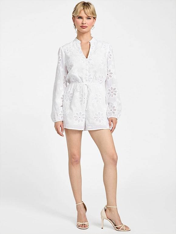 GUESS “Hazel” Embroidered Eyelet Romper – Size L – White – NWT – $168
