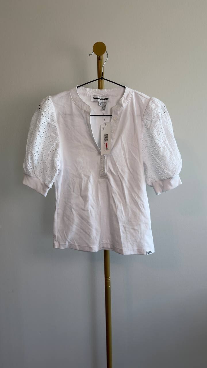 DKNY Jeans Petite Rib Body Eyelet V‑Neck Top White PXS NWT $59