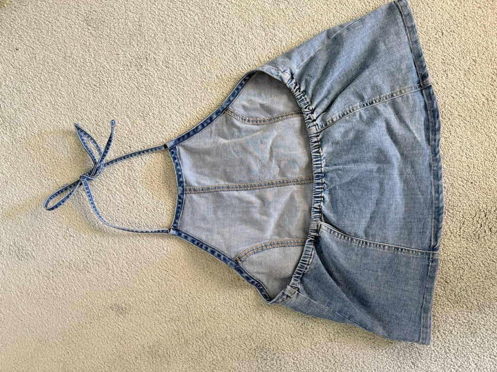 And Now This Seamed-Front Halter Denim Top – Size XL