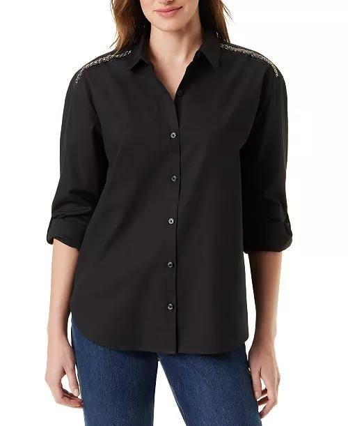 Gloria Vanderbilt Amanda Cotton Beaded‑Shoulder Blouse Black L NWT $54