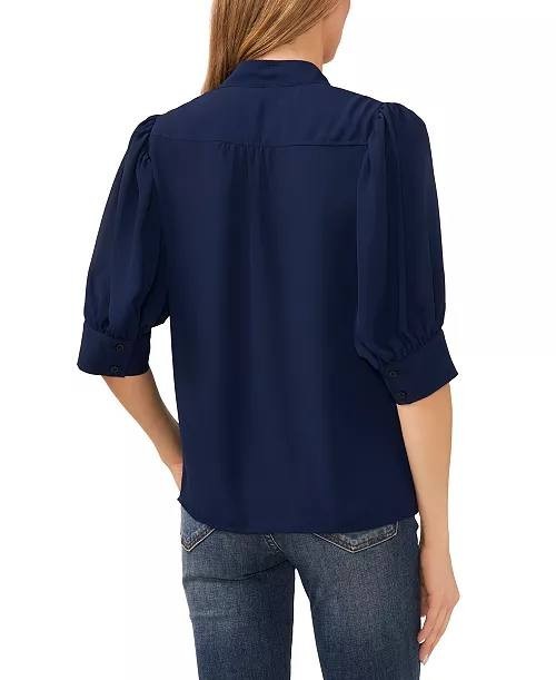 CeCe 3/4‑Sleeve Collared Split‑Neck Button‑Down Top Classic Navy M NWT $69