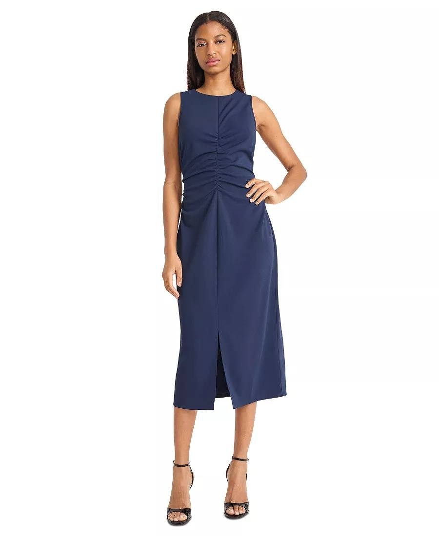 Donna Morgan V‑Neck Sleeveless Midi Crepe Dress Navy 12 NWT Elegant MSRP$118