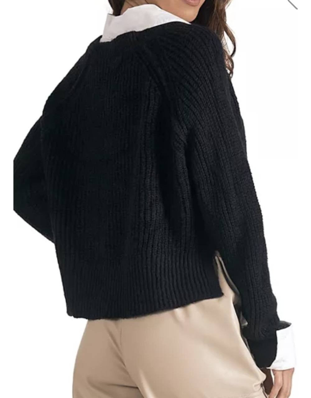 Elan Layered Look Sweater - Gray/Black XS, V-Neck Raglan Sleeves Relaxed