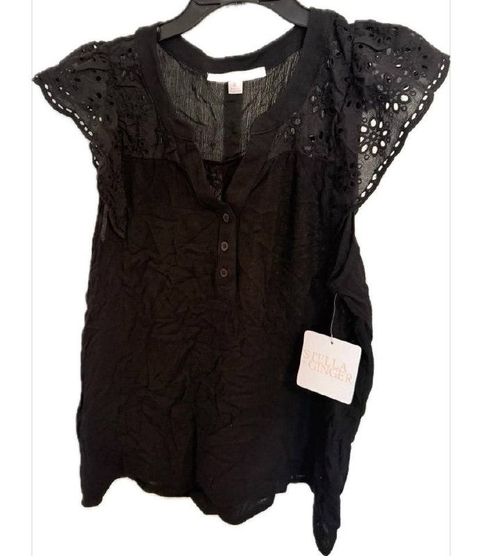 Stella + Ginger Eyelet‑Sleeve Textured Blouse – Black – Size XL – NWT – $24