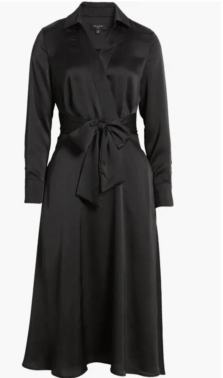 Tahari ASL Womens' Black Satin Long Sleeve Surplice Self-Tie Shirt Dress Size 10