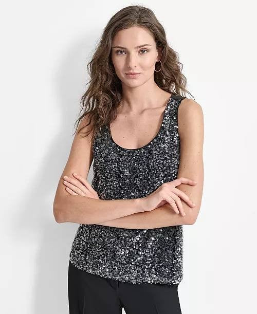 DKNY Sequined Scoop-Neck Sleeveless Tank Top Black, Size M - Women's