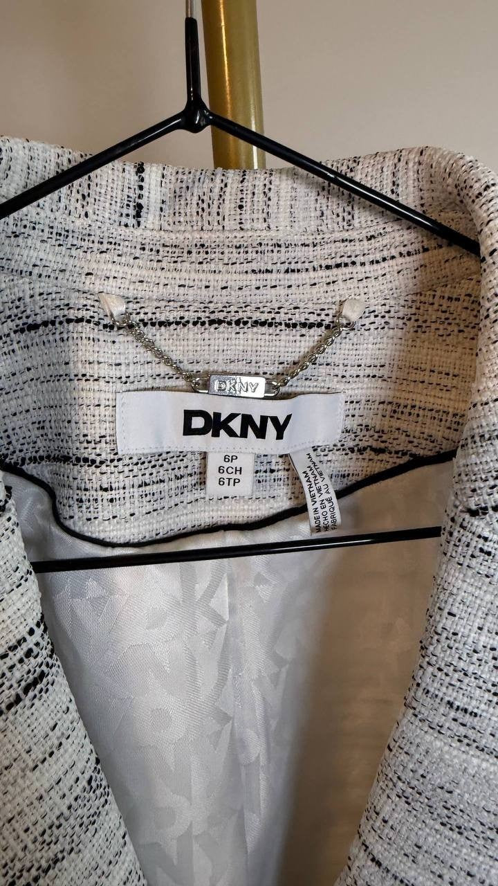 DKNY Women’s White Tweed Notch-Collar One-Button Long Blazer Size 6P NWT $179