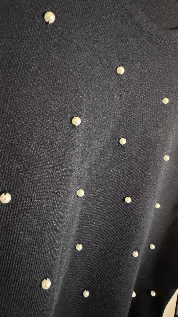 Karl Lagerfeld Paris Faux‑Pearl Sleeveless Sweater Top Black XL $79 NWT
