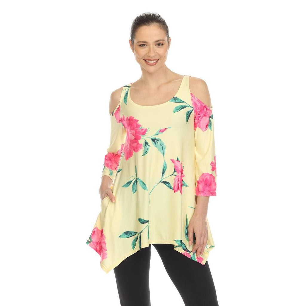White Mark Women’s Floral Printed Cold Shoulder Tunic Yellow Pink XL NWT $68