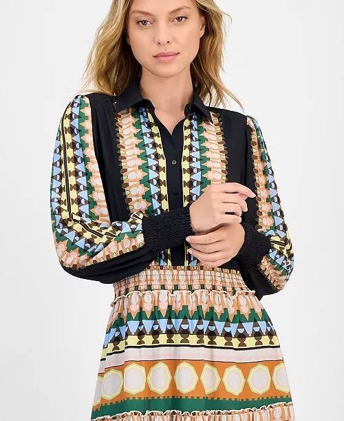 Tahari Dress  Multicolor Smocked Waist Printed Midi Half-Placket Size L NWT $148