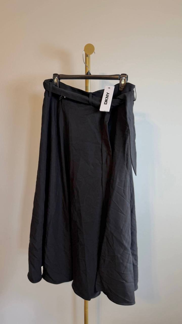 DKNY Women’s High Waisted Self‑Tie Midi Skirt Black Size 16P NWT $109