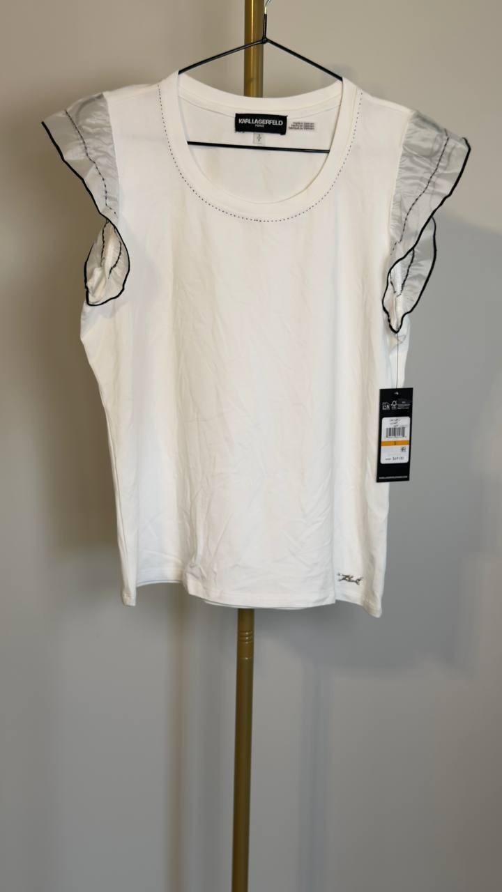 Karl Lagerfeld Paris Ruffle-Sleeve Crewneck Top  White S NWT $69