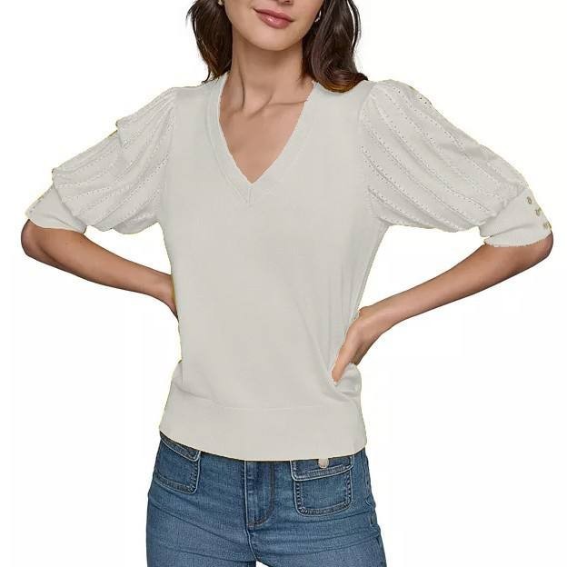 Karl Lagerfeld Paris Puffed‑Sleeve V‑Neck Sweater Soft White XL NWOT $79