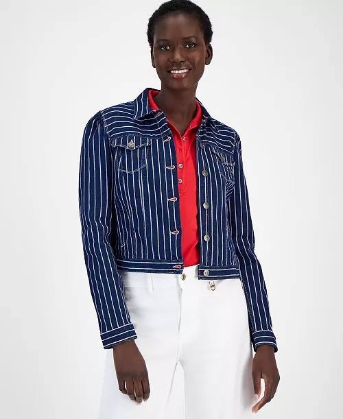 Nautica Jeans Striped Denim Puff‑Shoulder Jacket –Blue– XS – NWT – $109.50