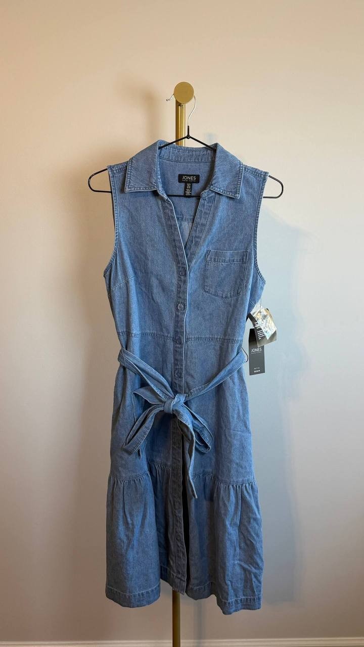 Jones New York Petite Sleeveless Belted Chambray Dress Blue PS NWT $119.50
