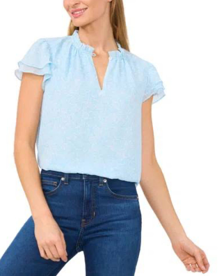 CeCe Flutter‑Sleeve Keyhole‑Neck Blouse – Size S – Waterfall Blue– NWT – $69