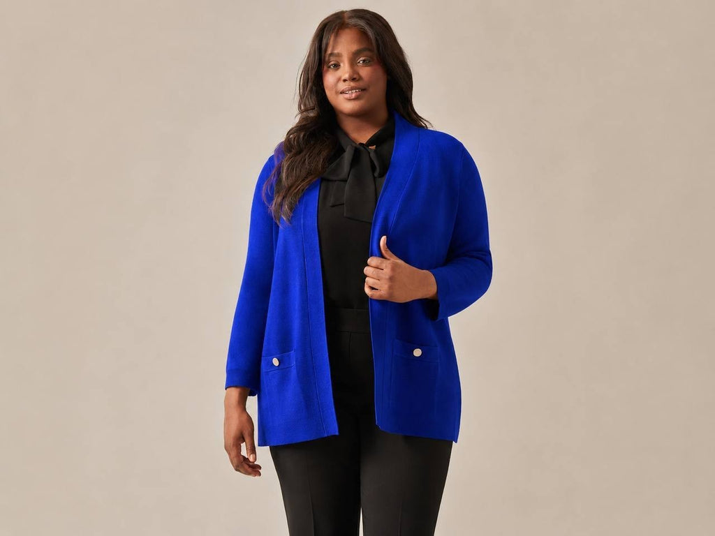 Kasper Open‑Front Cardigan – Blue – Long Sleeve – Pockets – NWT