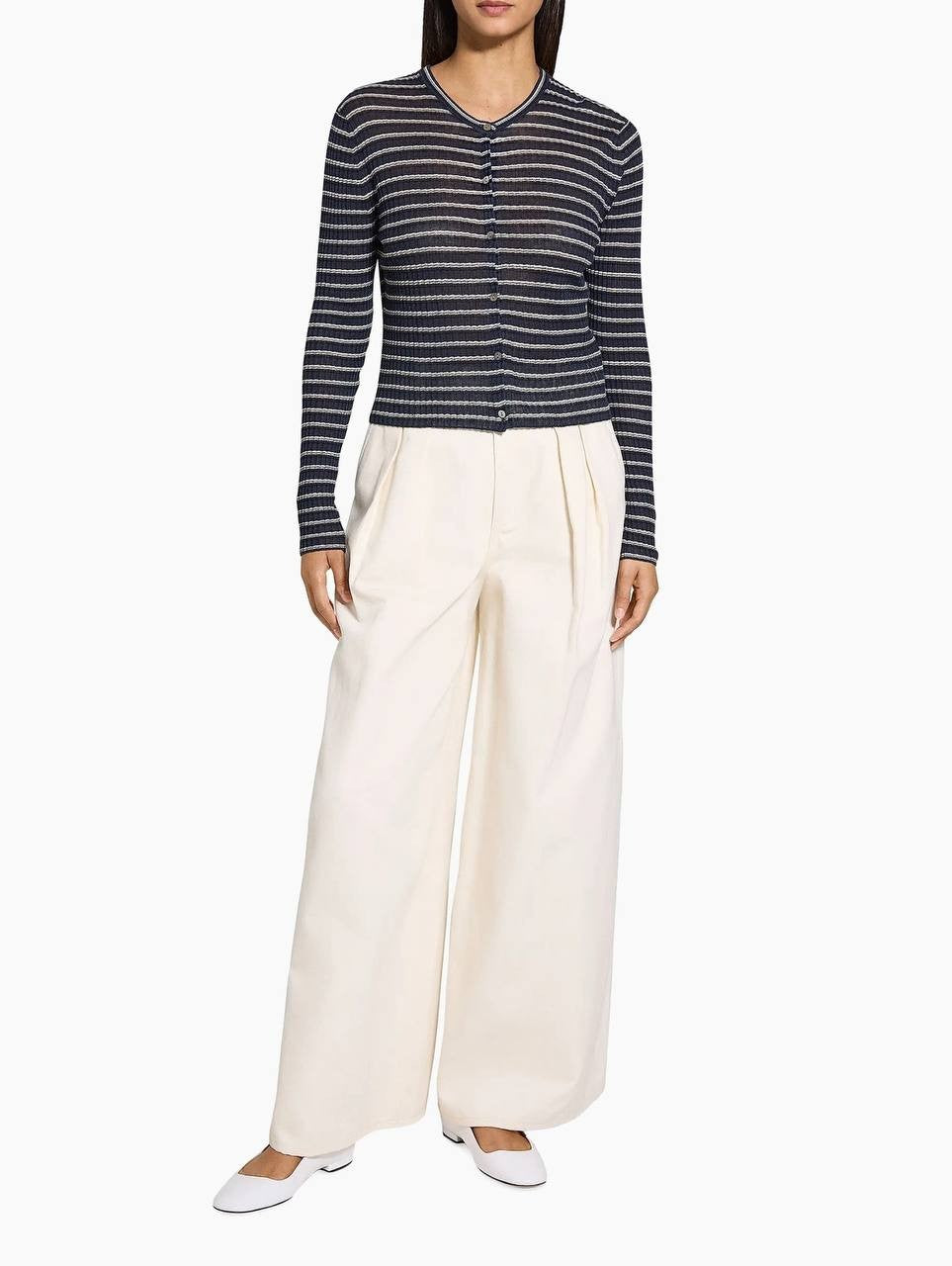 Theory Striped Linen-Blend Crop Cardigan Nocturne Navy Multi Size L Women