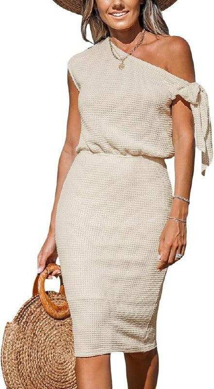 Cupshe Beige Waffle‑Knit Off‑Shoulder Midi Cover‑Up Dress Size S NWT msrp$57.99