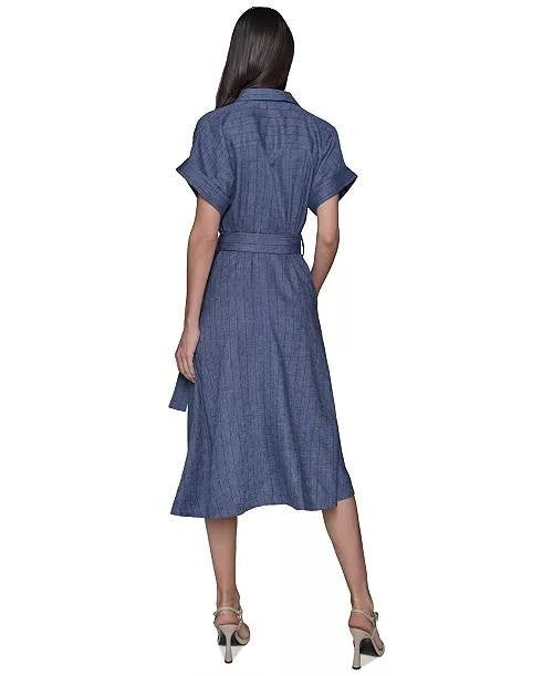 Karl Lagerfeld Paris Dress 12 Blue Belted Pinstripe Midi NWT MSRP $159 Classic