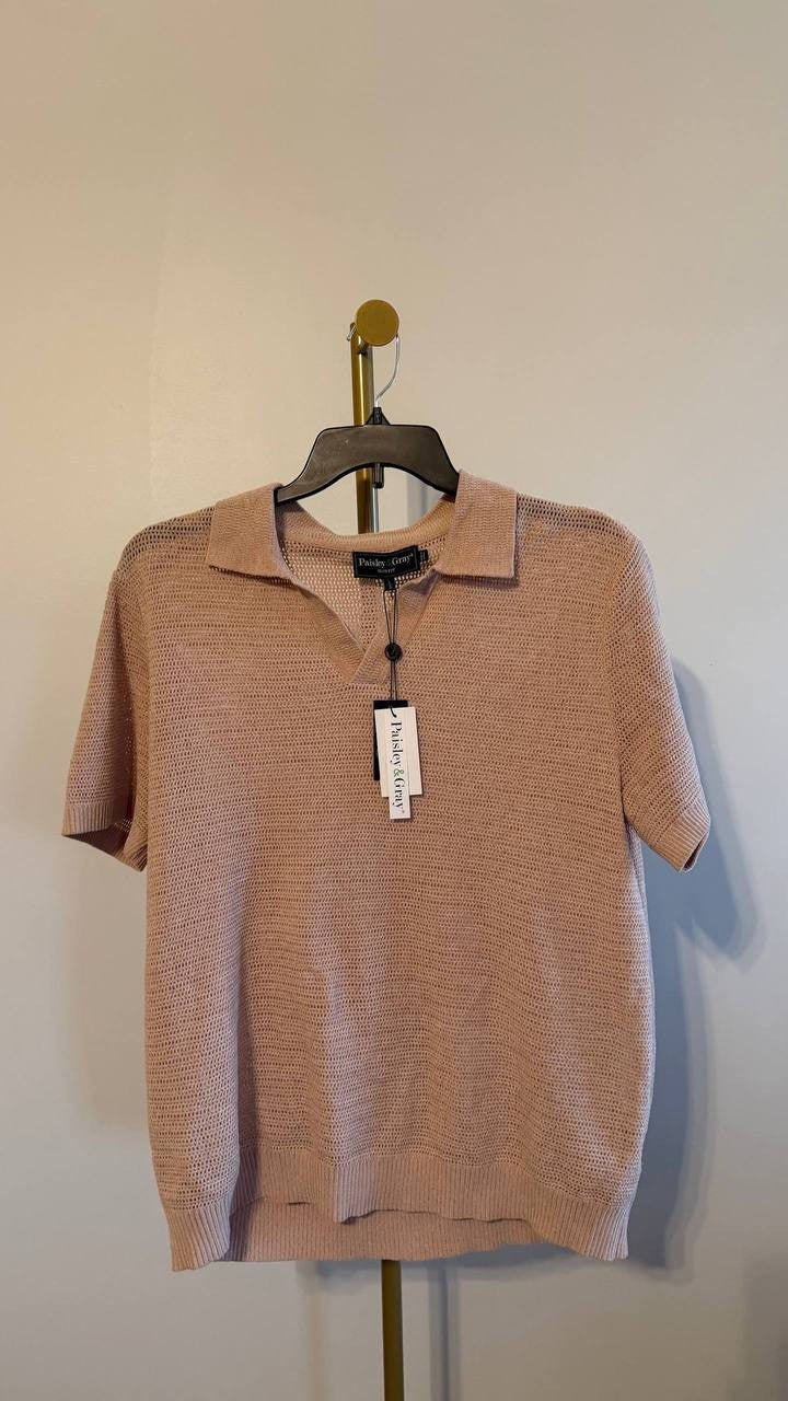 Paisley & Gray Men’s Open Knit Johnny Collar Polo Tan L/G $85 NWT